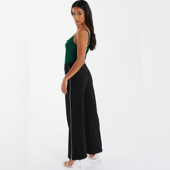 Petite Black Embellished Trim Palazzo Trousers - Picture 3 of 3